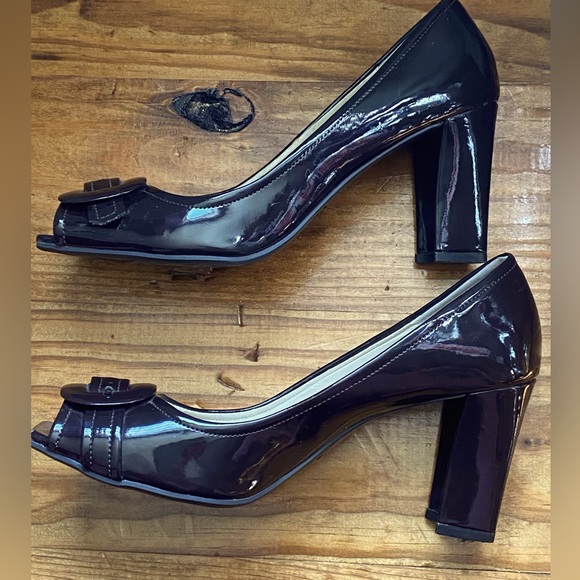 Nickels Brown Patent Block Heels with Buckle Detail - Picture 1 of 8